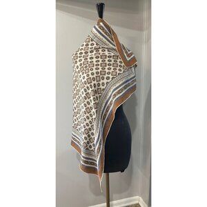 Vtg 1960's Silk Scarf Geometric And Paisley Pattern Blue Brown & Beige 32" x 31"